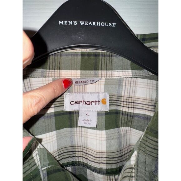 Men's Short Sleeve Green Tan Plaid Carhartt Button Down Shirt Relaxed Fit XL - Picture 3 of 4